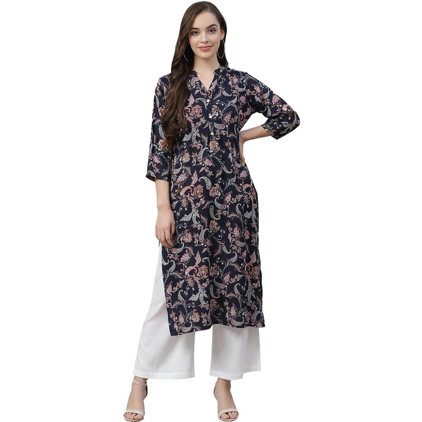Divena Blue Printed Rayon Straight Kurti