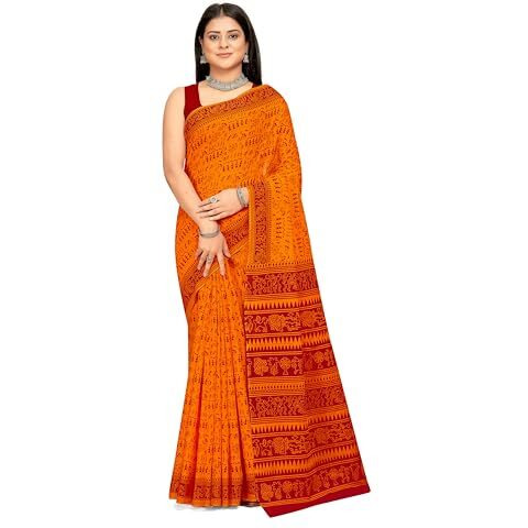 Tamaira Fashion Women's Plain Cotton Saree (2536_Gold&Red