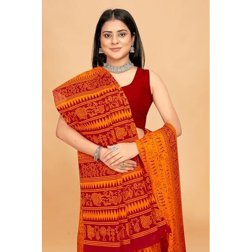 Tamaira Fashion Women's Plain Cotton Saree (2536_Gold&Red