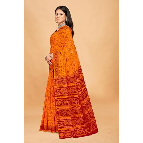 Tamaira Fashion Women's Plain Cotton Saree (2536_Gold&Red
