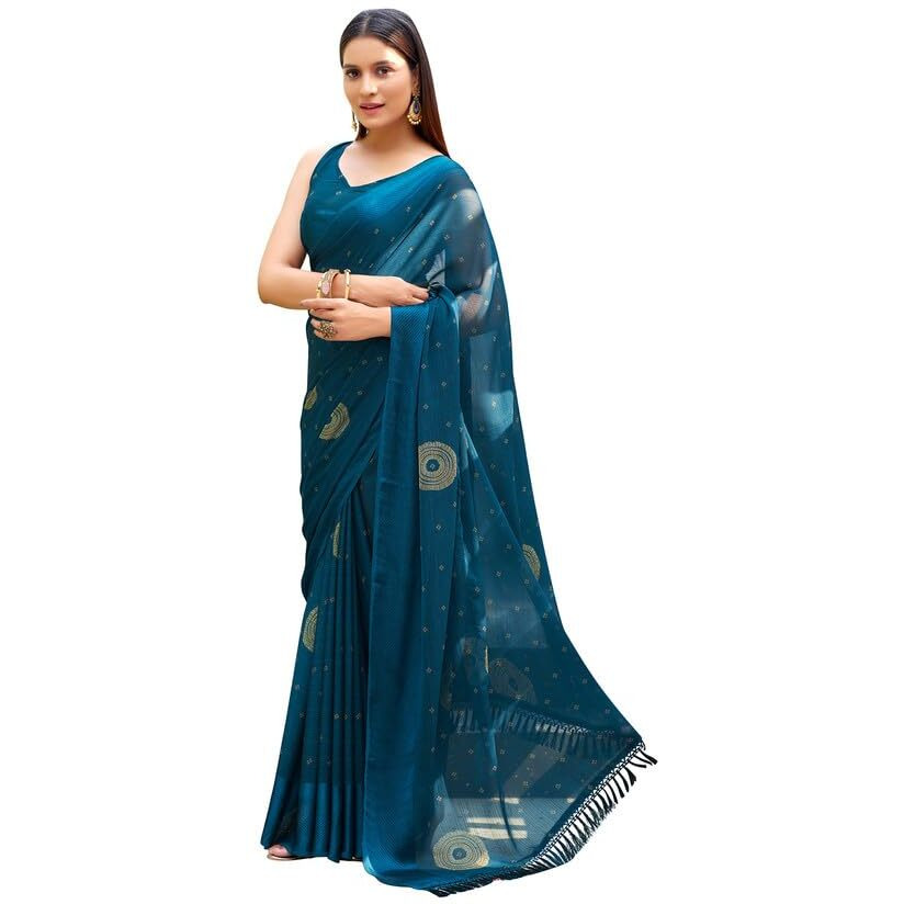 Satrani Women's Chiffon Bandhani Printed & Woven Border Saree with Unstitched Blouse Piece (3479S211N_Teal Blue & Beige)