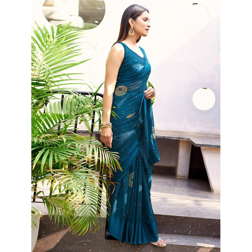 Satrani Women's Chiffon Bandhani Printed & Woven Border Saree with Unstitched Blouse Piece (3479S211N_Teal Blue & Beige)