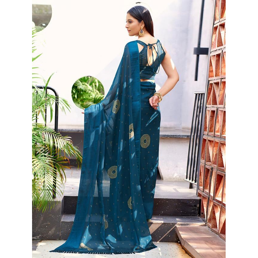 Satrani Women's Chiffon Bandhani Printed & Woven Border Saree with Unstitched Blouse Piece (3479S211N_Teal Blue & Beige)