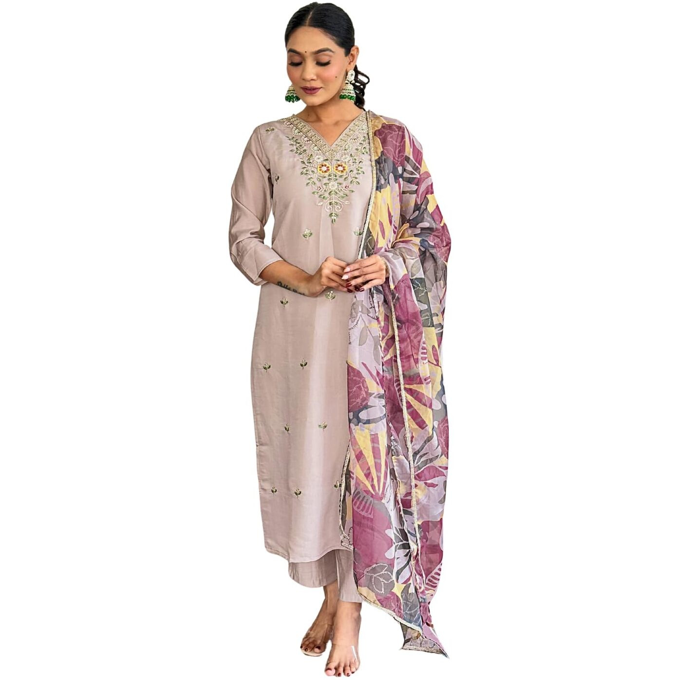 Naixa Women's Beige Chanderi with Cotton Lining Embroidered Straight Kurta with Chanderi Pant and Taby Printed Dupatta Sets (NX-570-Beige-3XL)