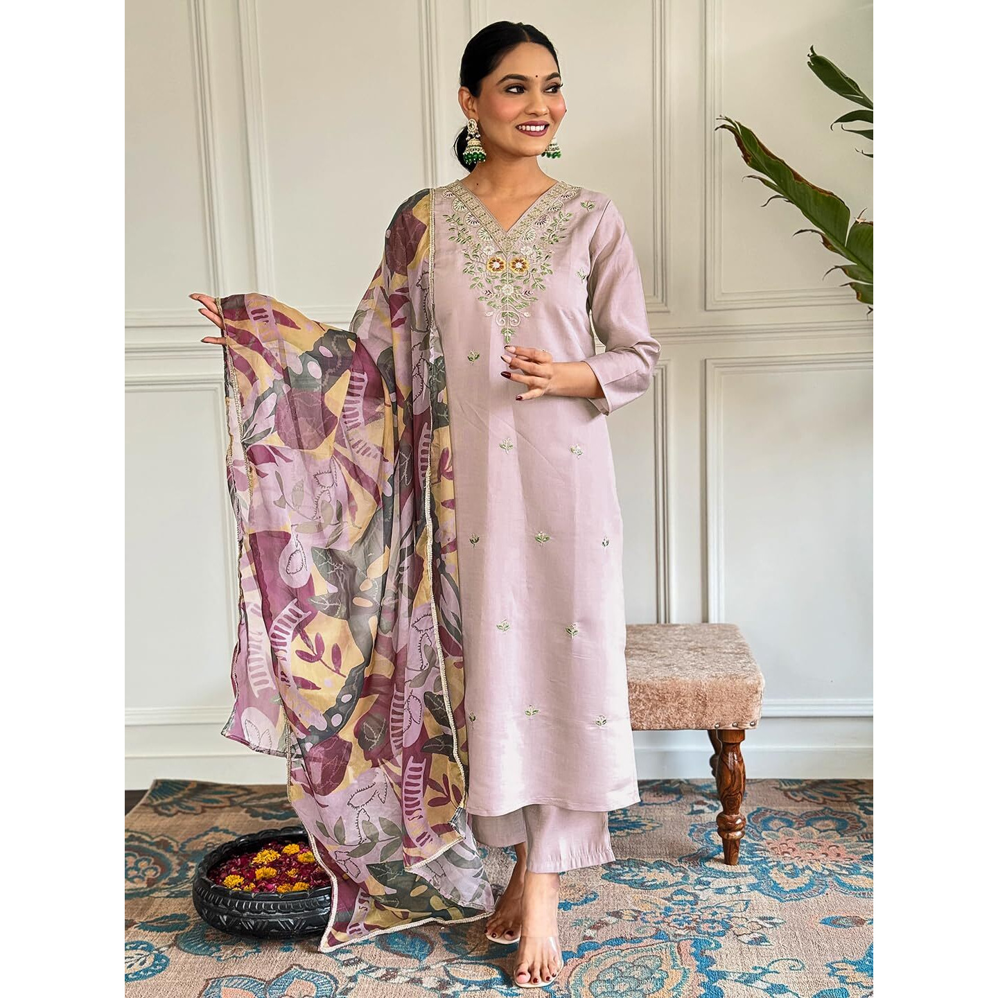 Naixa Women's Beige Chanderi with Cotton Lining Embroidered Straight Kurta with Chanderi Pant and Taby Printed Dupatta Sets (NX-570-Beige-3XL)