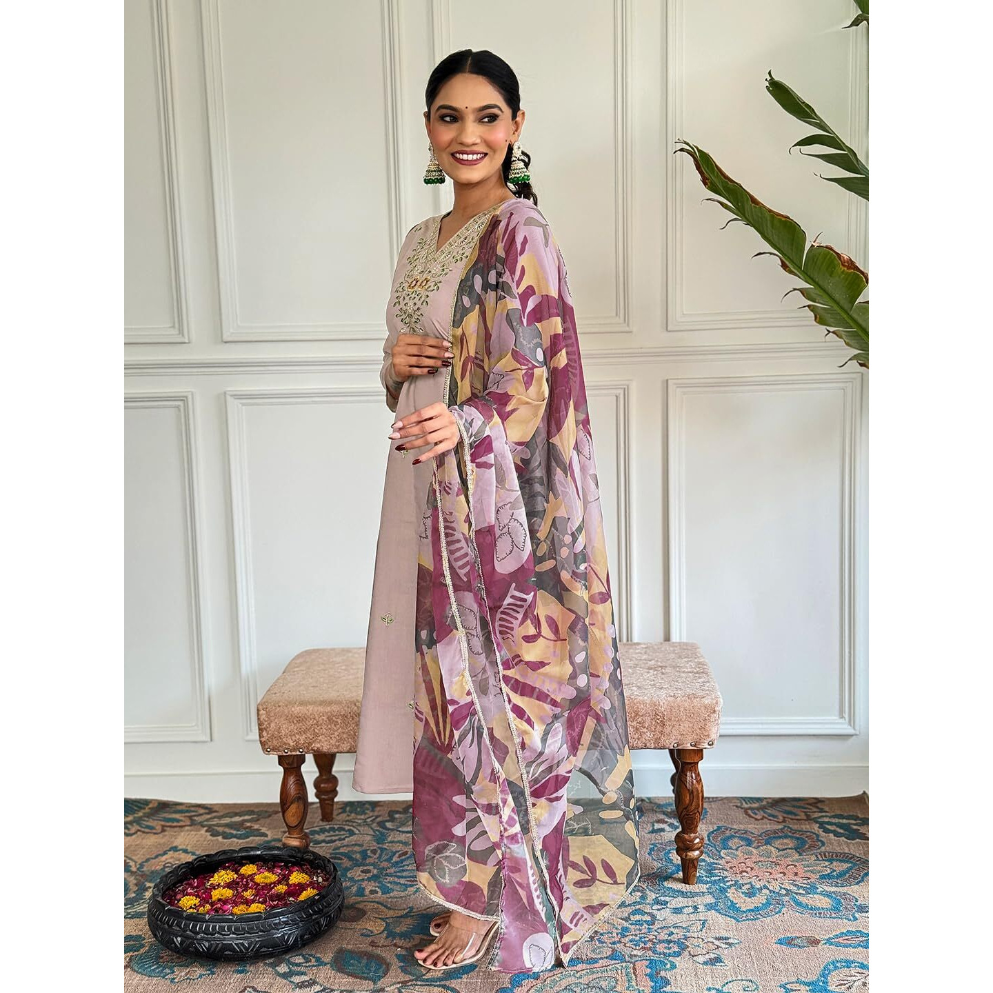 Naixa Women's Beige Chanderi with Cotton Lining Embroidered Straight Kurta with Chanderi Pant and Taby Printed Dupatta Sets (NX-570-Beige-3XL)