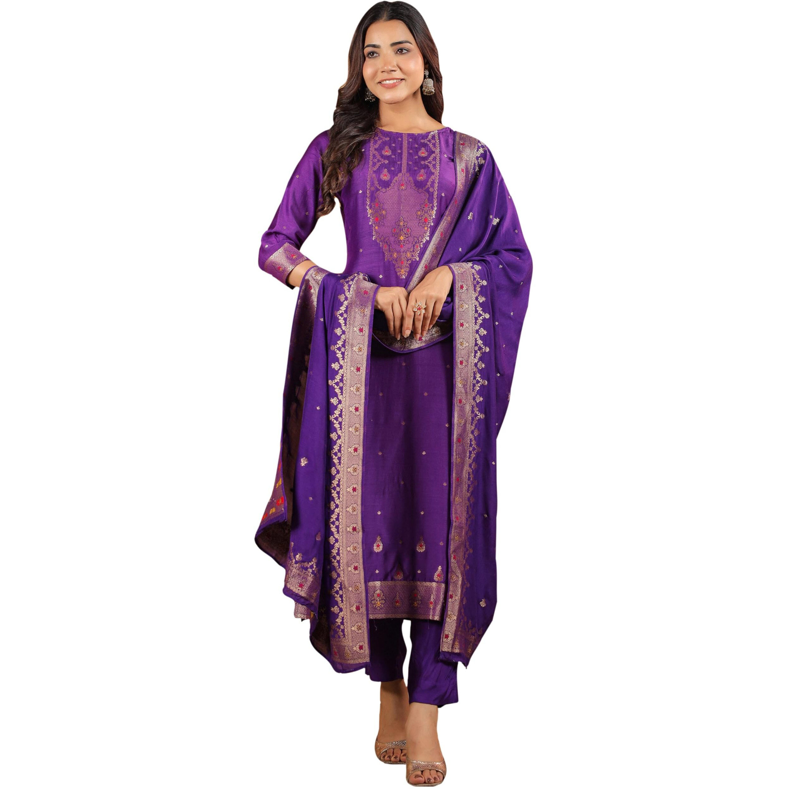 Janasya Women's Purple Silk Blend Jacquard Paithani Style Straight Kurta Set (JAC24ST01708-S)