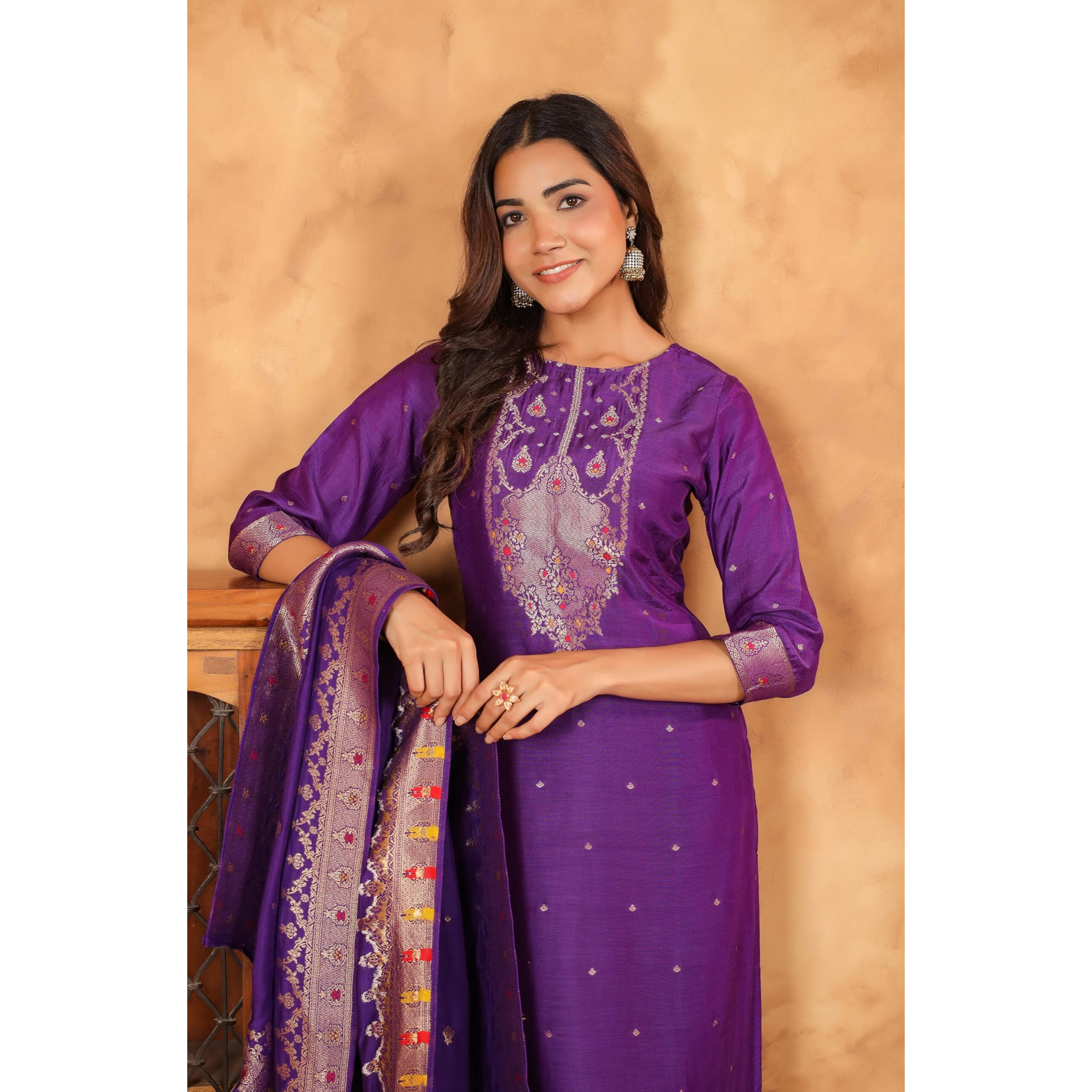 Janasya Women's Purple Silk Blend Jacquard Paithani Style Straight Kurta Set (JAC24ST01708-S)