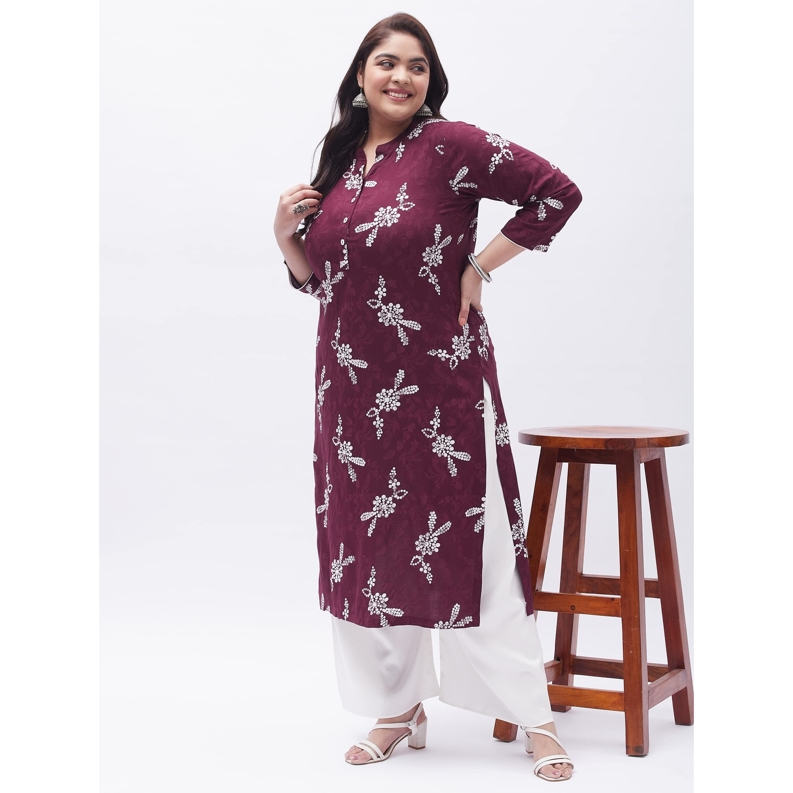 Tissu Women's Plus Size Maroon & White Printed Kurta with Palazzo (T-Plus-630_Maroon_5XL)