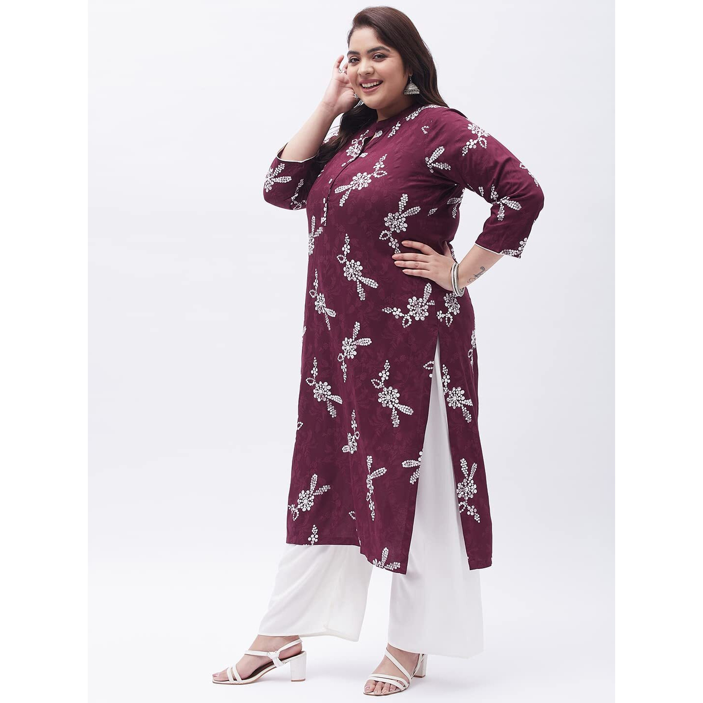 Tissu Women's Plus Size Maroon & White Printed Kurta with Palazzo (T-Plus-630_Maroon_5XL)