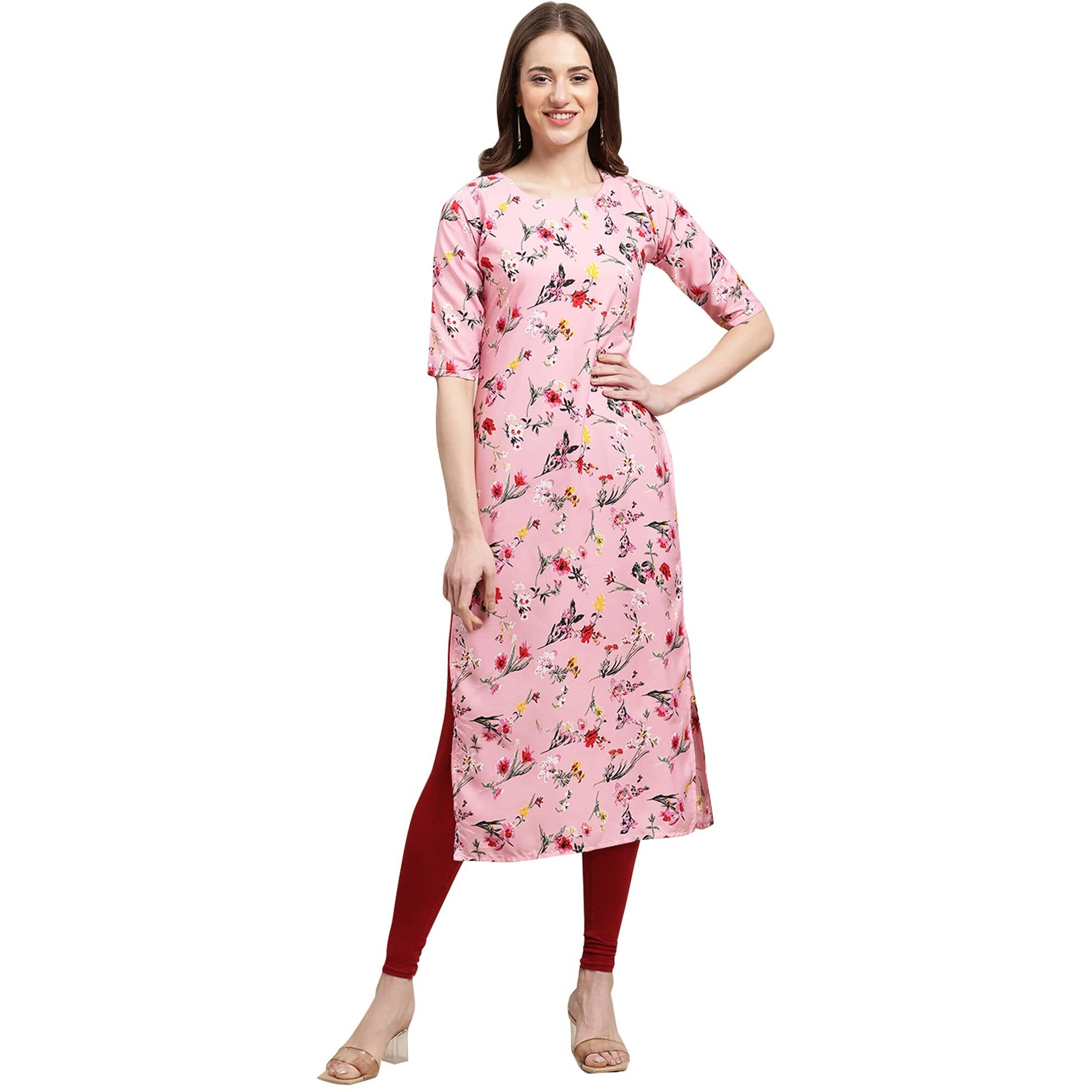 Pinkmint Women's Crepe Baby Pink Color Floral Printed Straight Kurti(MD-530339_L)