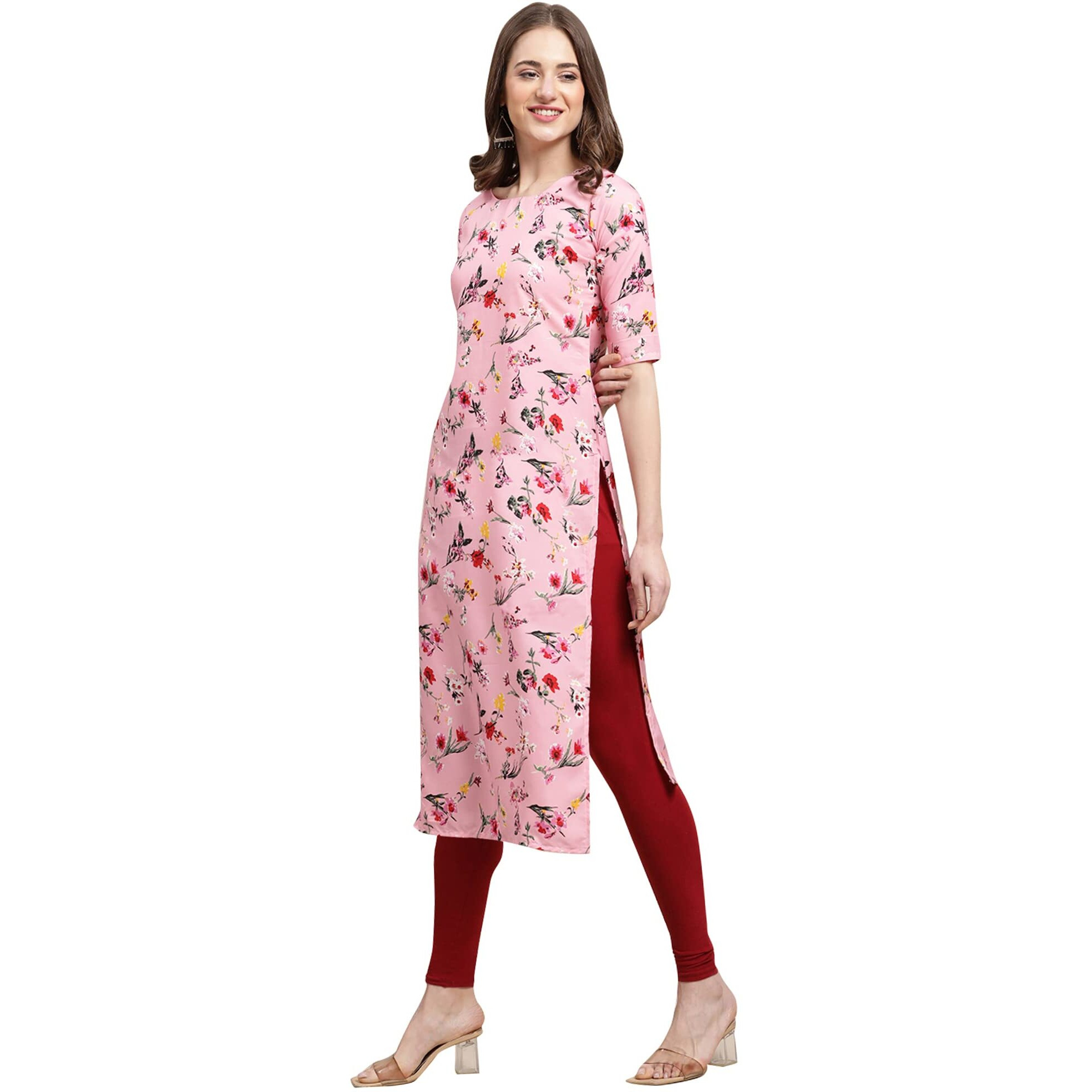 Pinkmint Women's Crepe Baby Pink Color Floral Printed Straight Kurti(MD-530339_L)