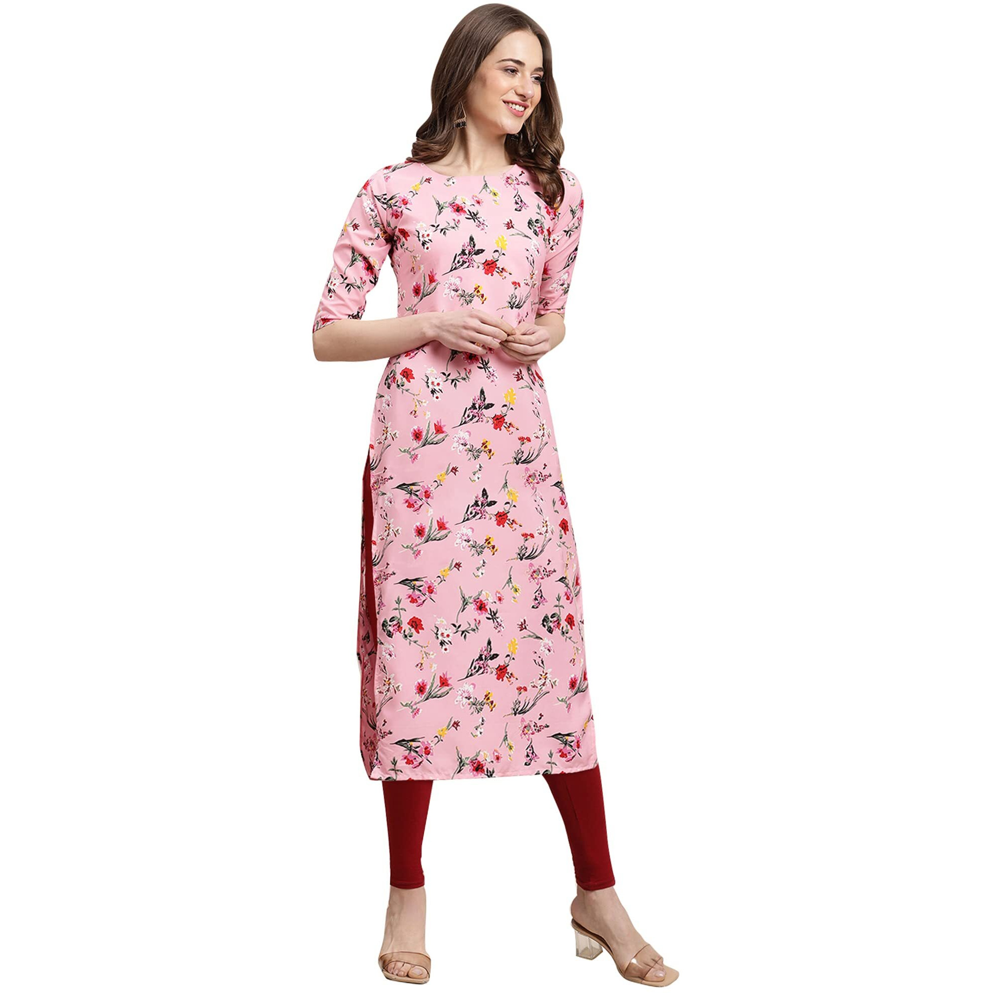 Pinkmint Women's Crepe Baby Pink Color Floral Printed Straight Kurti(MD-530339_L)