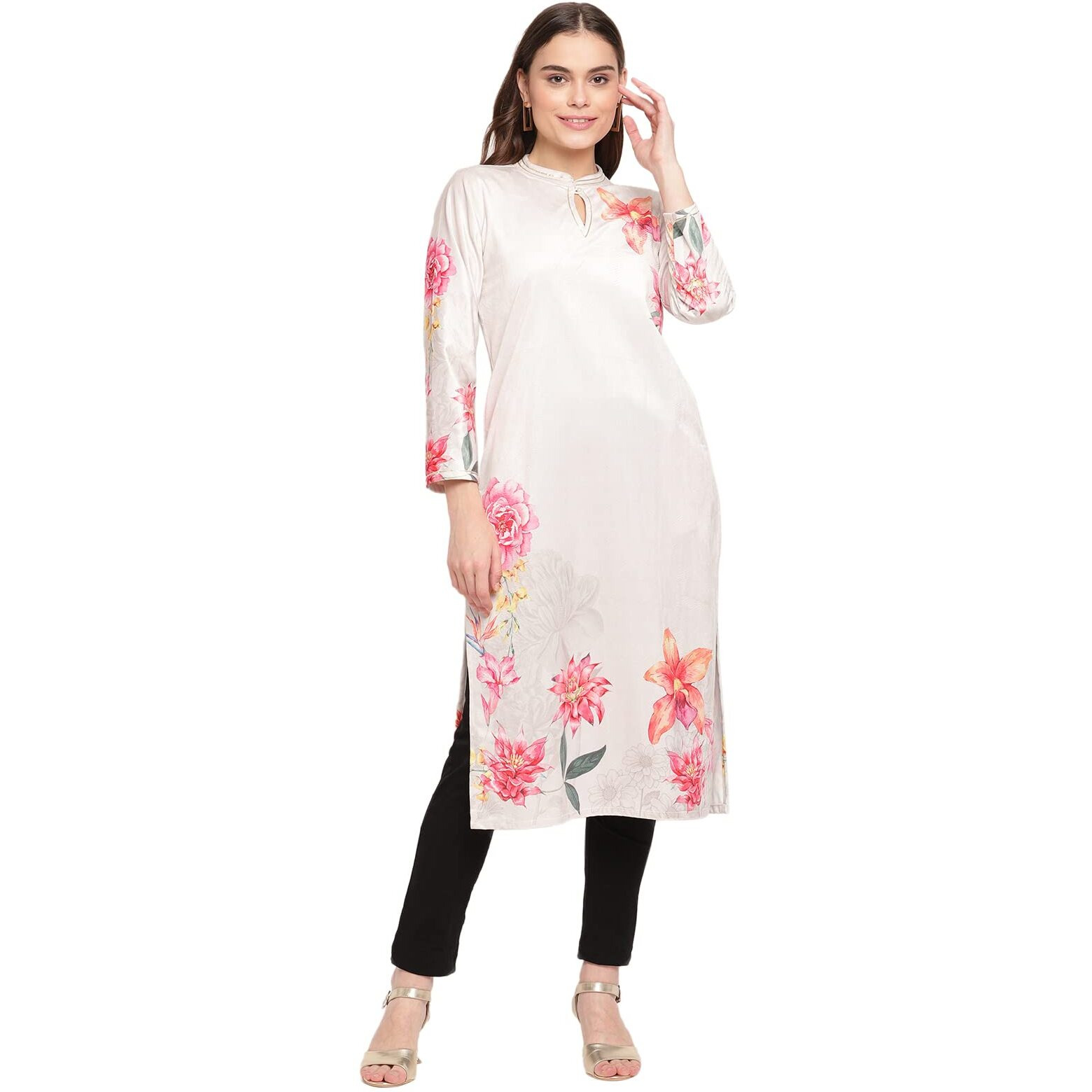 Ahalyaa Women's Velvet Straight Knee Length Kurtas (AHKUVLDP-905_Off White_XXL)