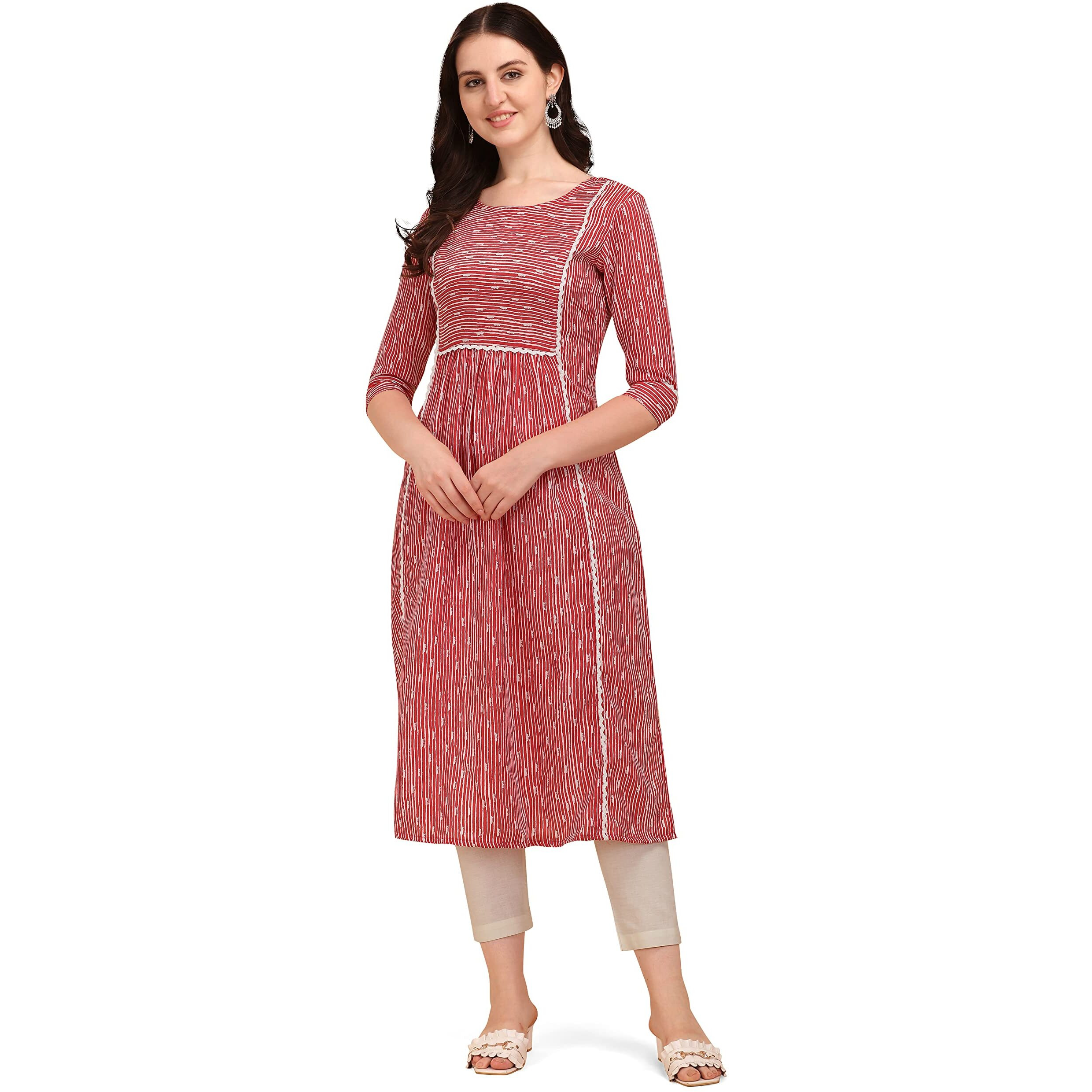 NAINVISH Women's Cotton Blend Straight Round Neck Printed Kurta with Pant (SD209_KB-S_Pink)