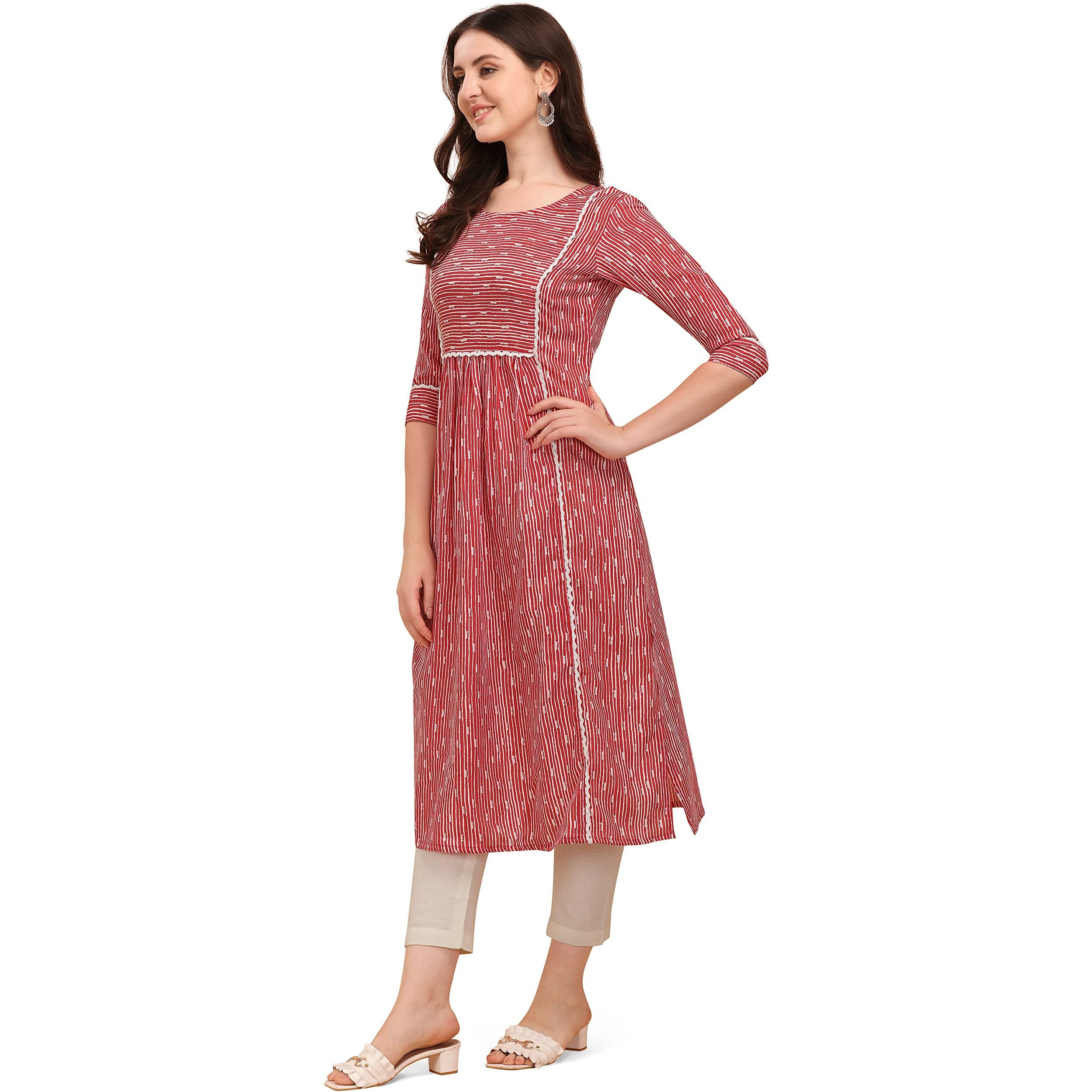 NAINVISH Women's Cotton Blend Straight Round Neck Printed Kurta with Pant (SD209_KB-S_Pink)