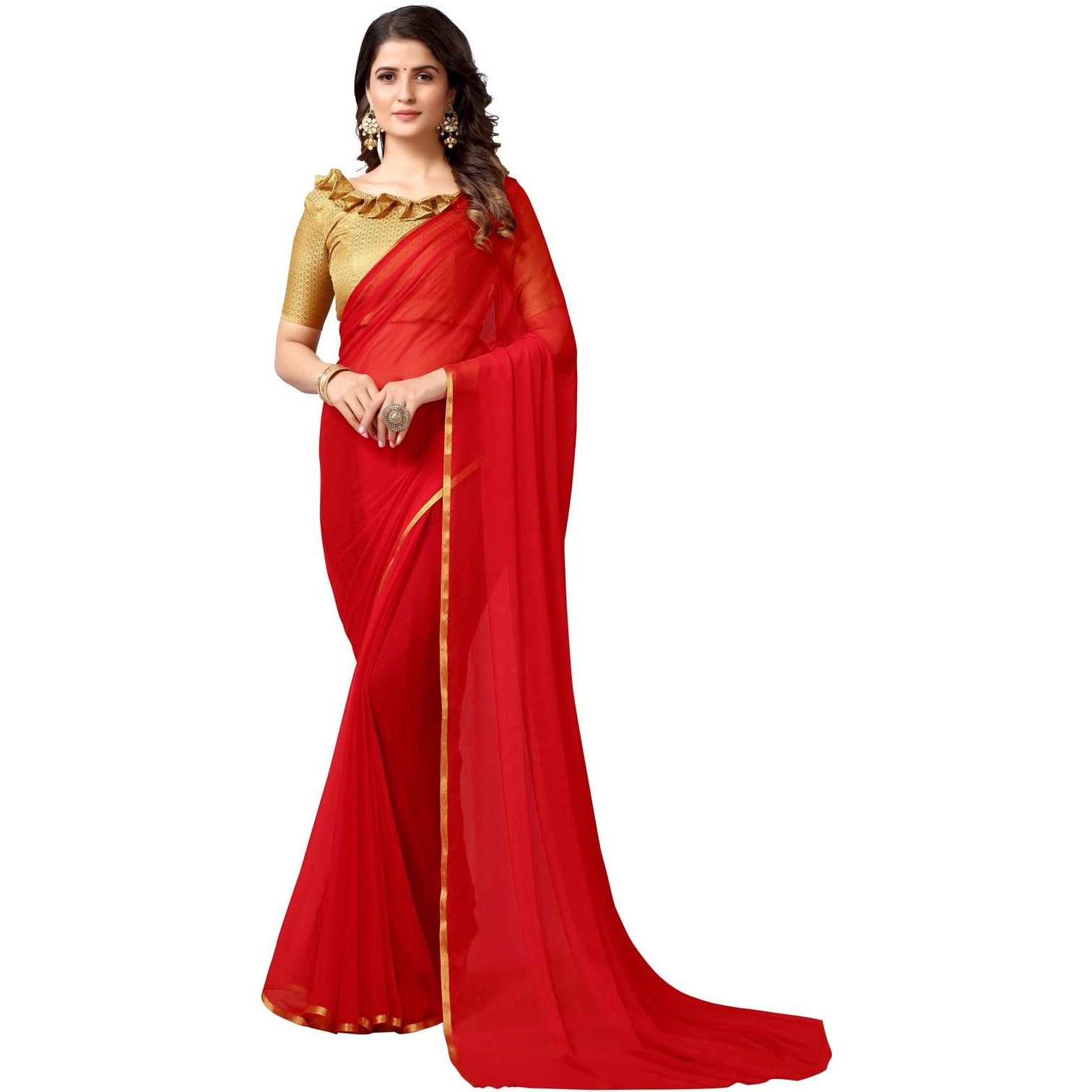 Satrani Women's Woven Jari Border Chiffon Saree with Unstitched Blouse Piece(2276SR142_Red)