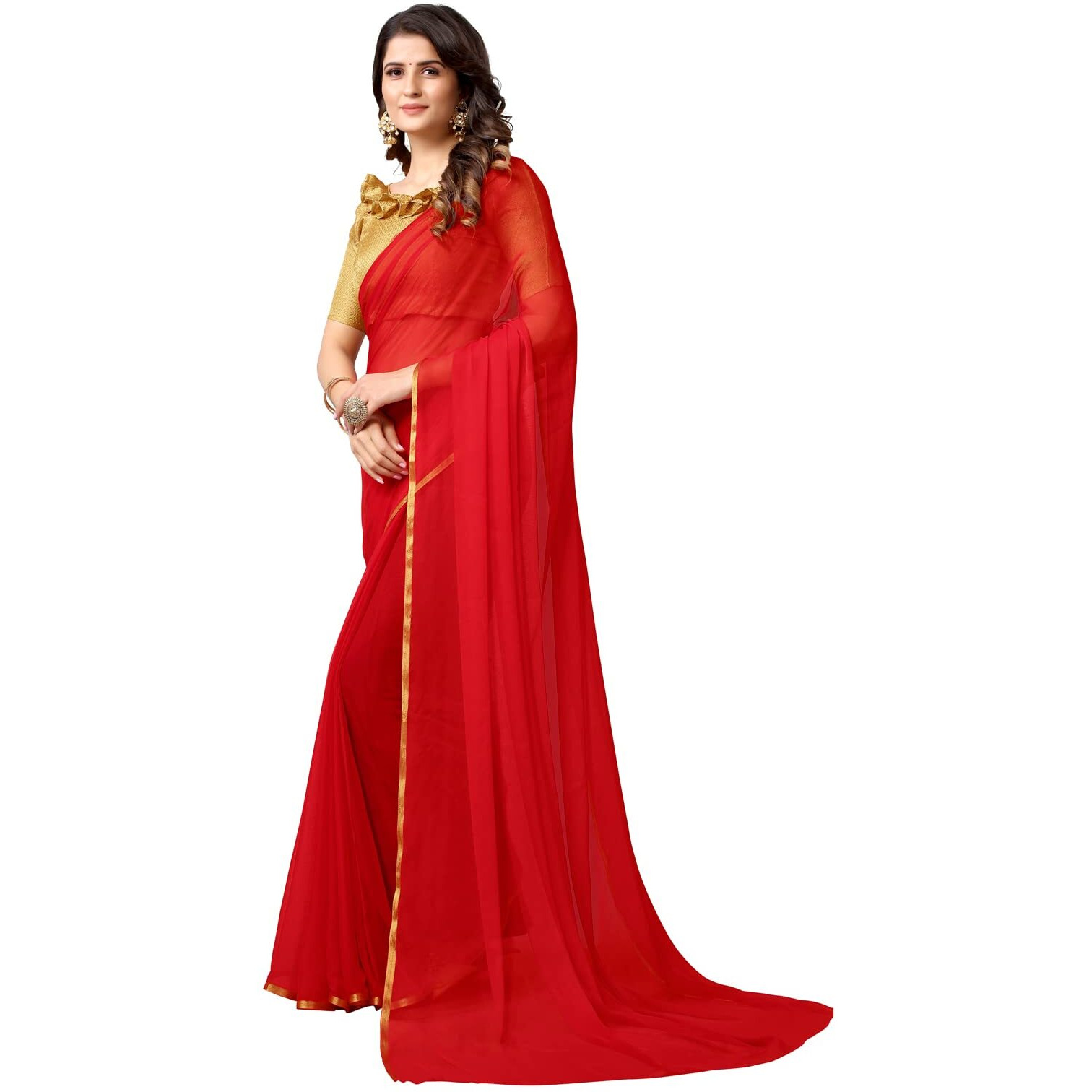 Satrani Women's Woven Jari Border Chiffon Saree with Unstitched Blouse Piece(2276SR142_Red)