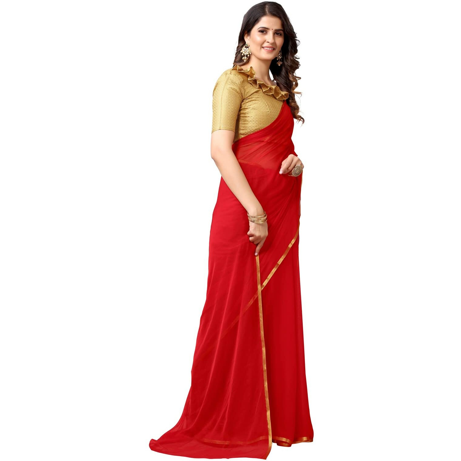 Satrani Women's Woven Jari Border Chiffon Saree with Unstitched Blouse Piece(2276SR142_Red)