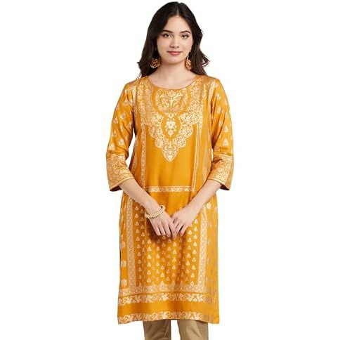 Amazon Brand - Myx Women's Rayon Regular Kurta (MYX-AW23-KU-08_Daffodil Yellow_M)