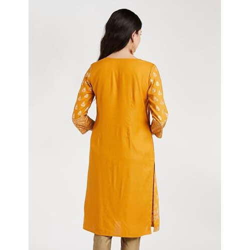 Amazon Brand - Myx Women's Rayon Regular Kurta (MYX-AW23-KU-08_Daffodil Yellow_M)