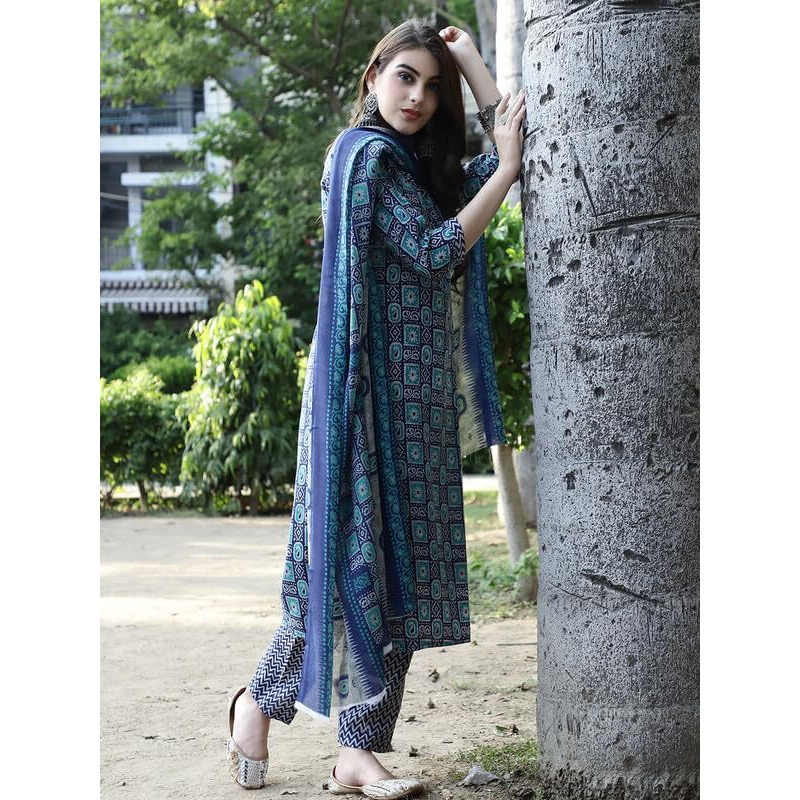 Pinkmint Salwar Suit For Women Cotton Flower Printed Kurta & Straight Pant With Dupatta