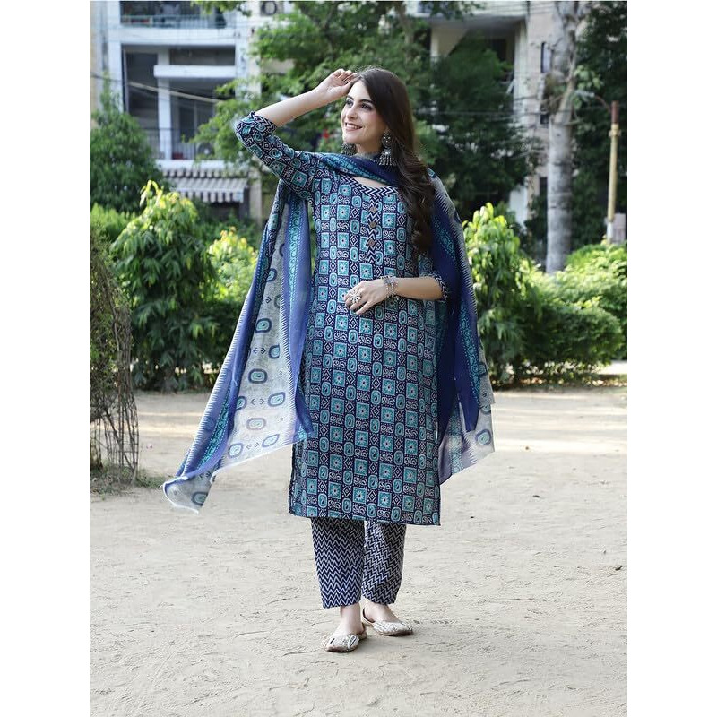 Pinkmint Salwar Suit For Women Cotton Flower Printed Kurta & Straight Pant With Dupatta