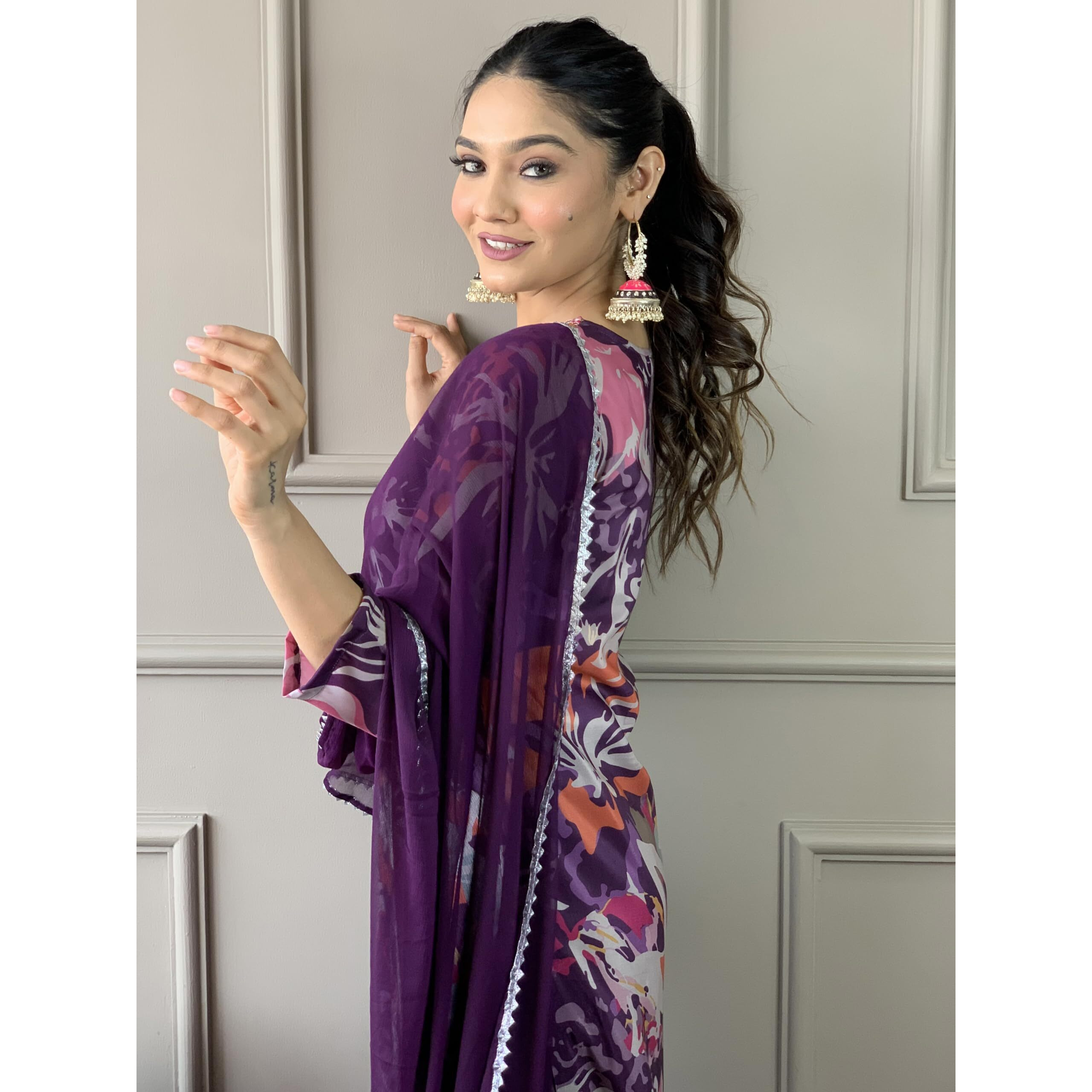 Women's Wine Muslin Embroidered and Printed Straight Kurta with Chanderi Pant and Nazneen Dyed Dupatta Sets (NX-OR-K1-Wine-M)