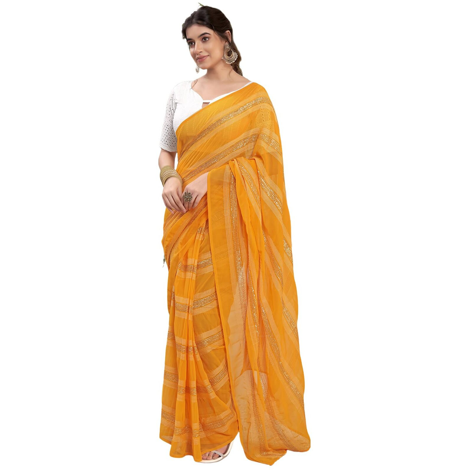 Satrani Women's Georgette Zari Work Ready To Wear Saree with Unstitched Blouse Piece (14RS131N_Yellow)