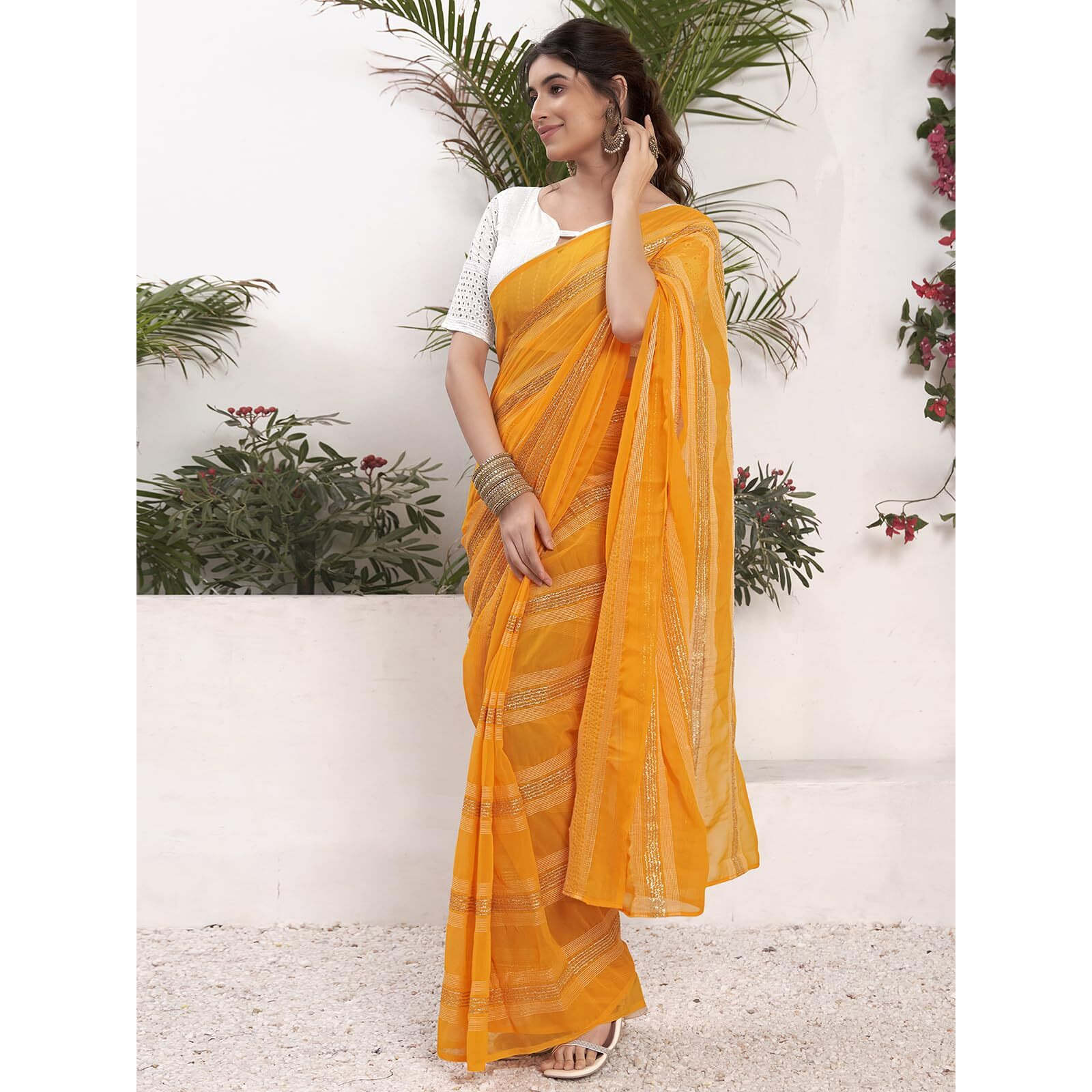 Satrani Women's Georgette Zari Work Ready To Wear Saree with Unstitched Blouse Piece (14RS131N_Yellow)