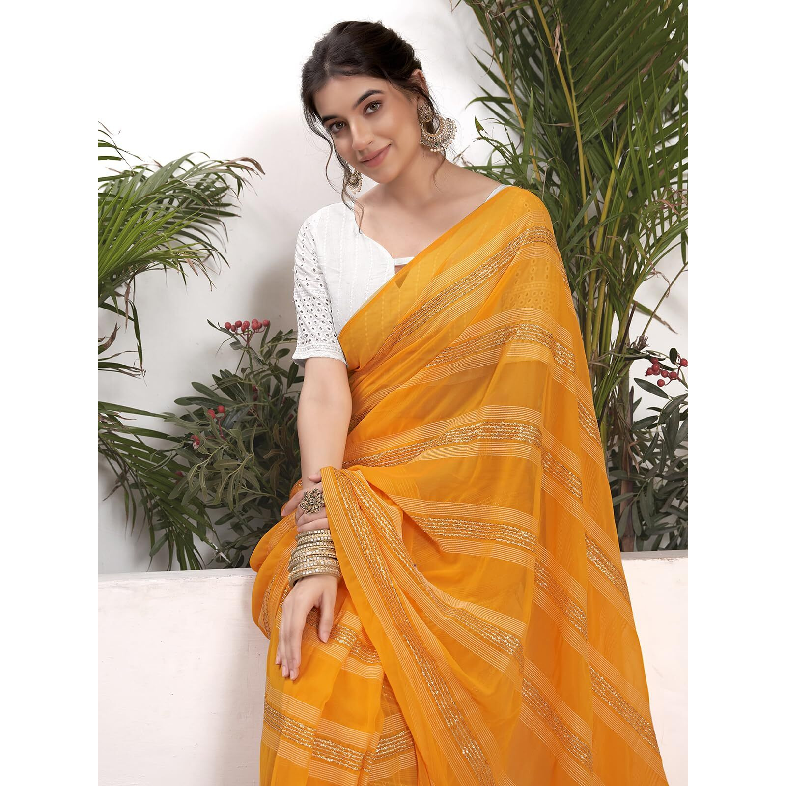 Satrani Women's Georgette Zari Work Ready To Wear Saree with Unstitched Blouse Piece (14RS131N_Yellow)