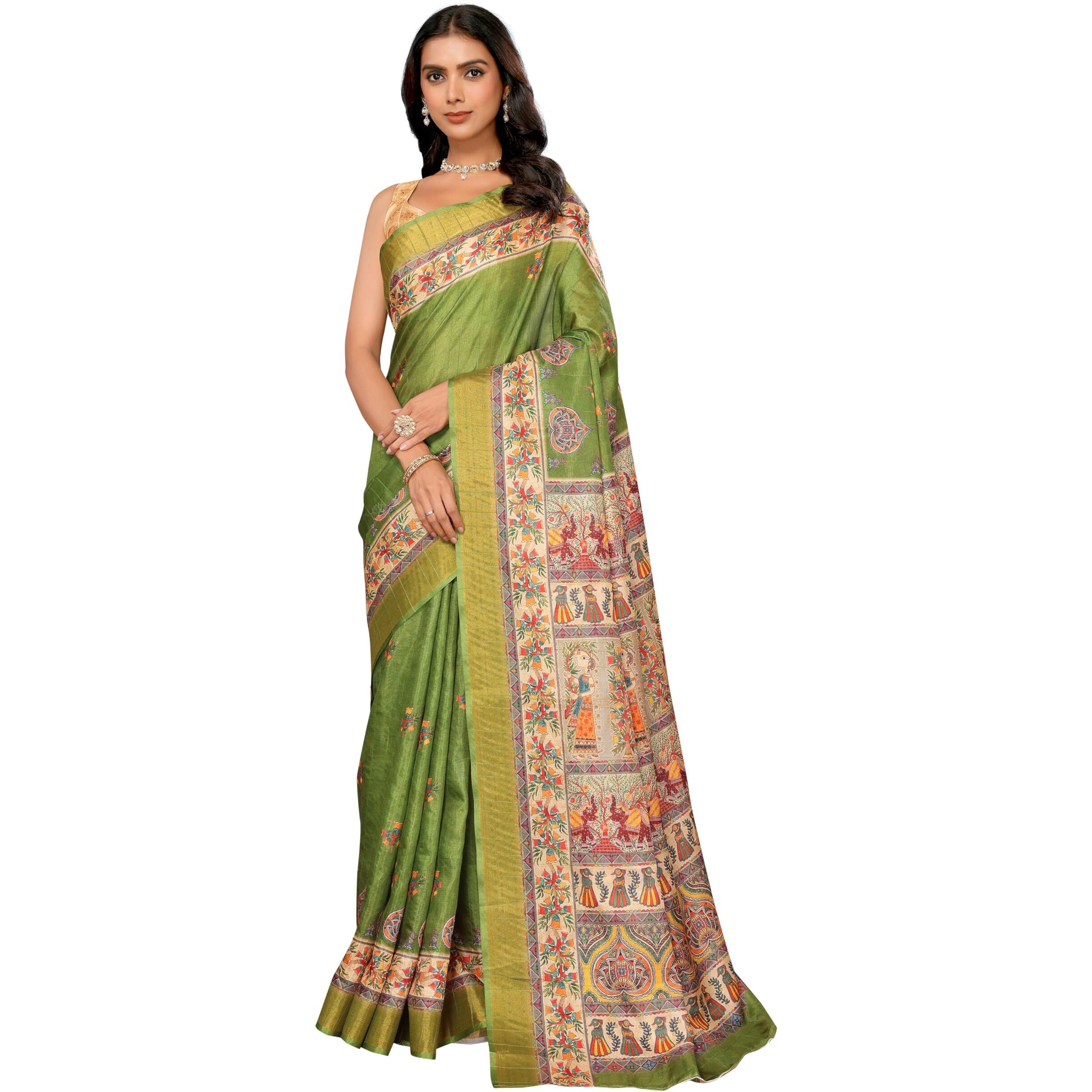 Janasya Women's Green Chanderi Silk Kalamkari Printed Kalamkari Saree with Blouse Piece (SAR504-J)