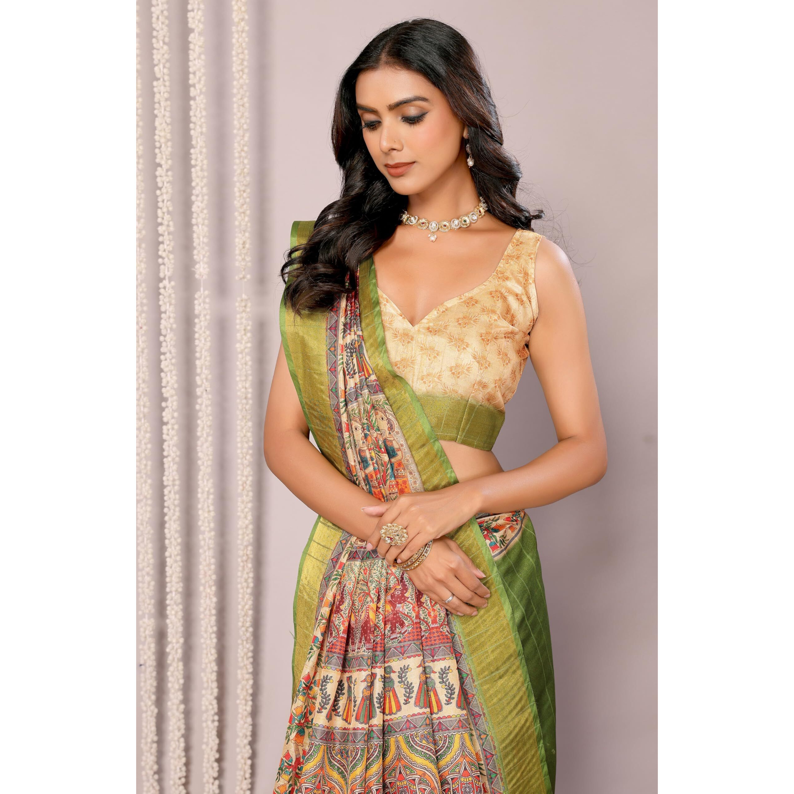 Janasya Women's Green Chanderi Silk Kalamkari Printed Kalamkari Saree with Blouse Piece (SAR504-J)