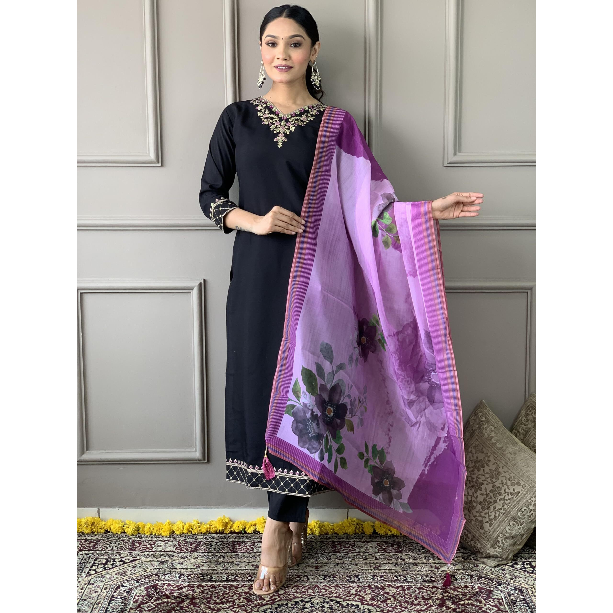 Naixa Women's Black Viscose Silk Embroidered Straight Kurta with Viscose Silk Pant and Organza Printed Dupatta Sets (NX-S-Zareen-Black-S)