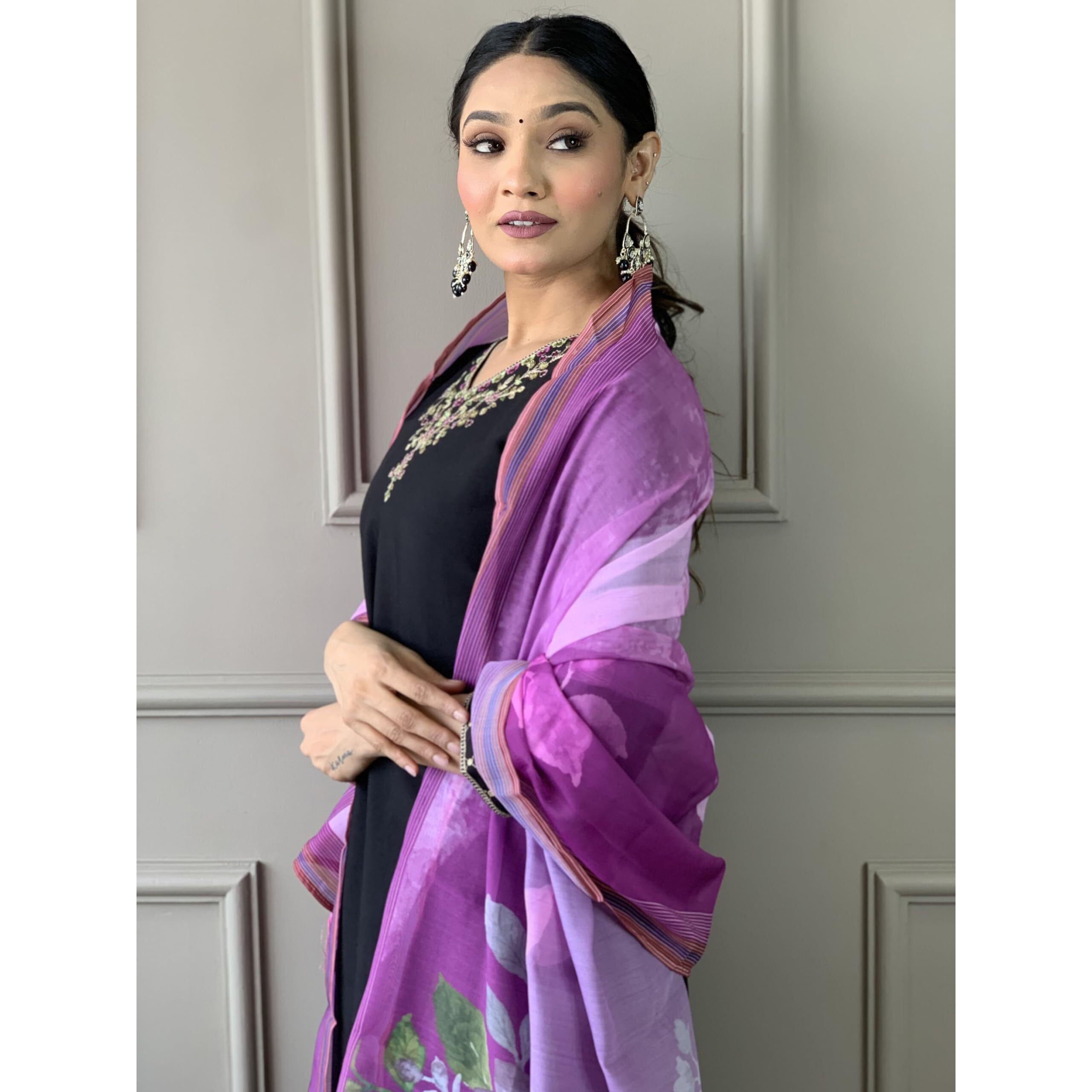 Naixa Women's Black Viscose Silk Embroidered Straight Kurta with Viscose Silk Pant and Organza Printed Dupatta Sets (NX-S-Zareen-Black-S)