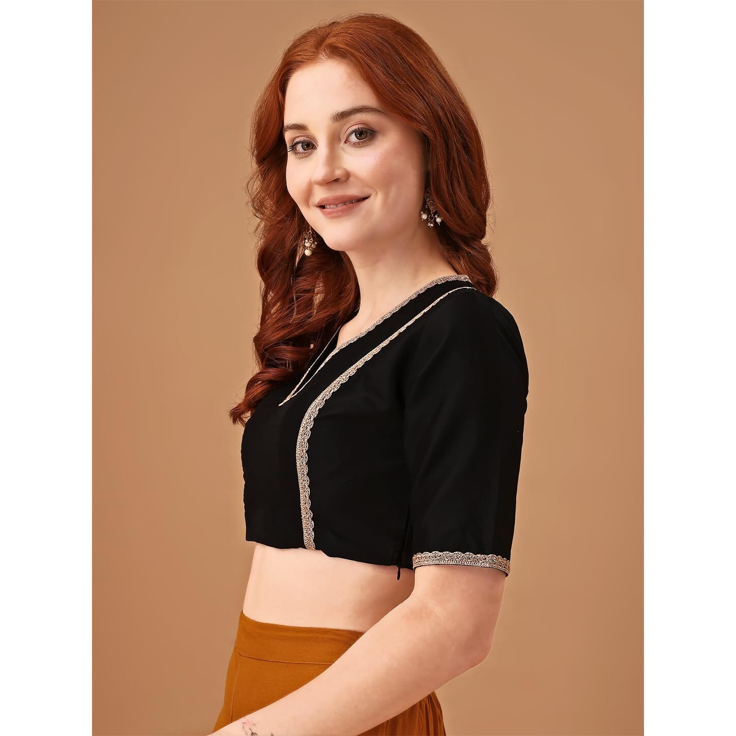 Womanista Women's Taffeta Solid Short Sleeve Regular Fit Blouse (BL_60_Black Medium)