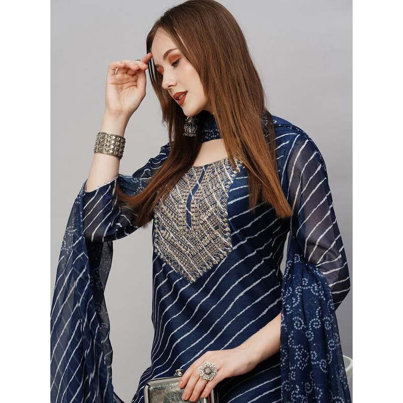 Pinkmint Women Cotton Blend A-Line Printed Kurta with Pant & Dupatta Blue