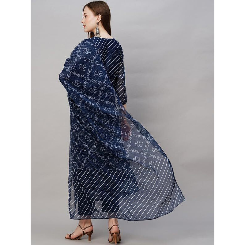 Pinkmint Women Cotton Blend A-Line Printed Kurta with Pant & Dupatta Blue