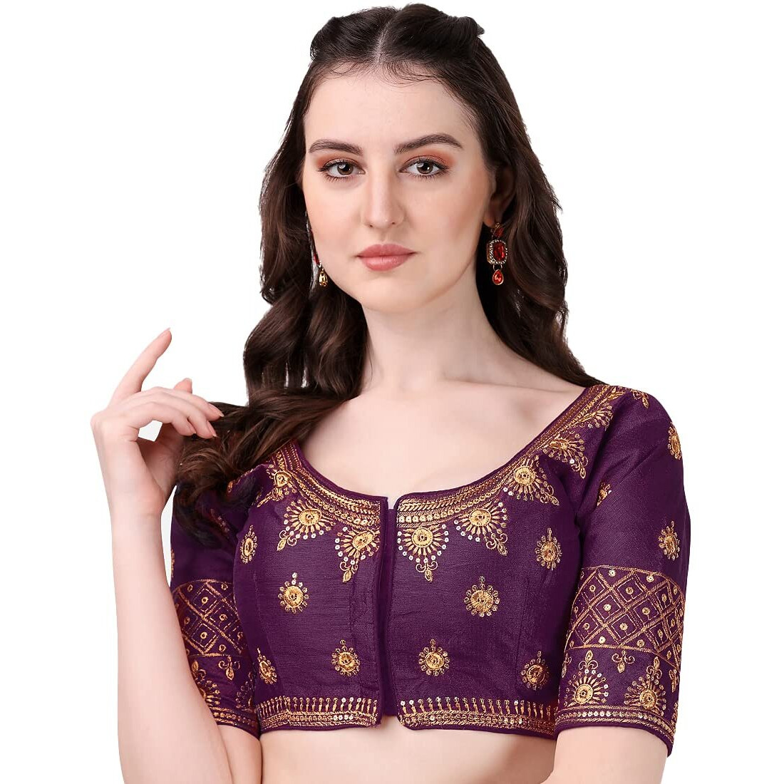 Pujia Mills Women's Silk Embroidery Coding Multi Work Readymade Saree Blouse(Suraj Wine_38)
