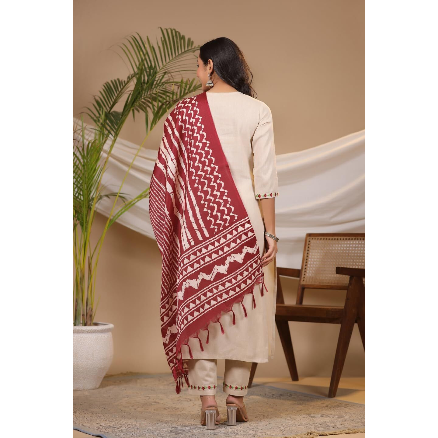 GoSriKi Women's Cotton Blend Straight Embroidered Kurta with Pant & Dupatta (DD Beige-GS_S_Beige_Small)