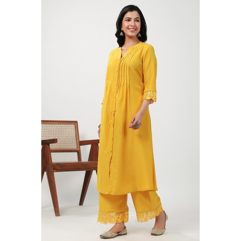 Janasya Women's Yellow Muslin Solid Pleated A-Line Kurta Set (JAA24ST00132-XS)