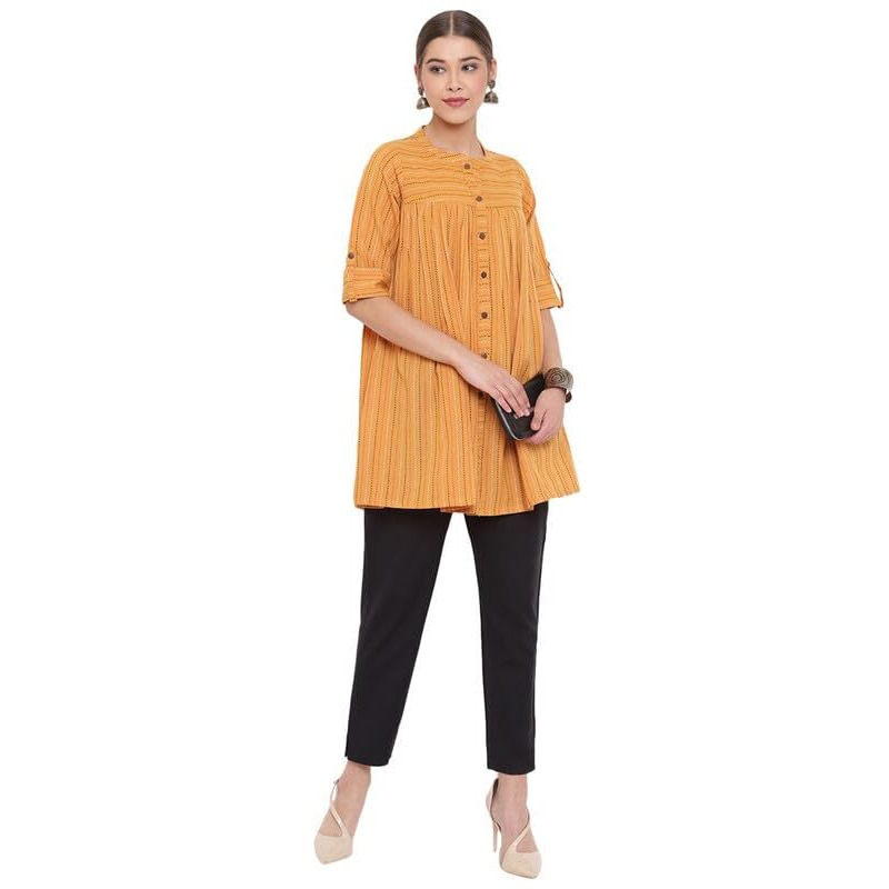 Janasya Women's Mustard Cotton Woven Design Gathered Tunic(J0119-TP-J-XXXL)