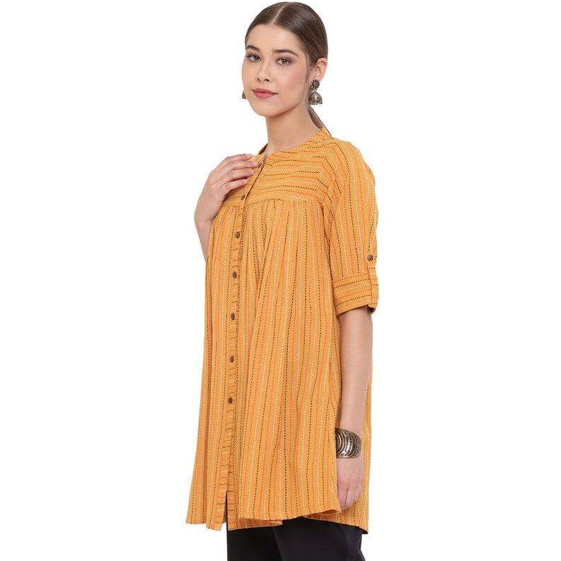 Janasya Women's Mustard Cotton Woven Design Gathered Tunic(J0119-TP-J-XXXL)