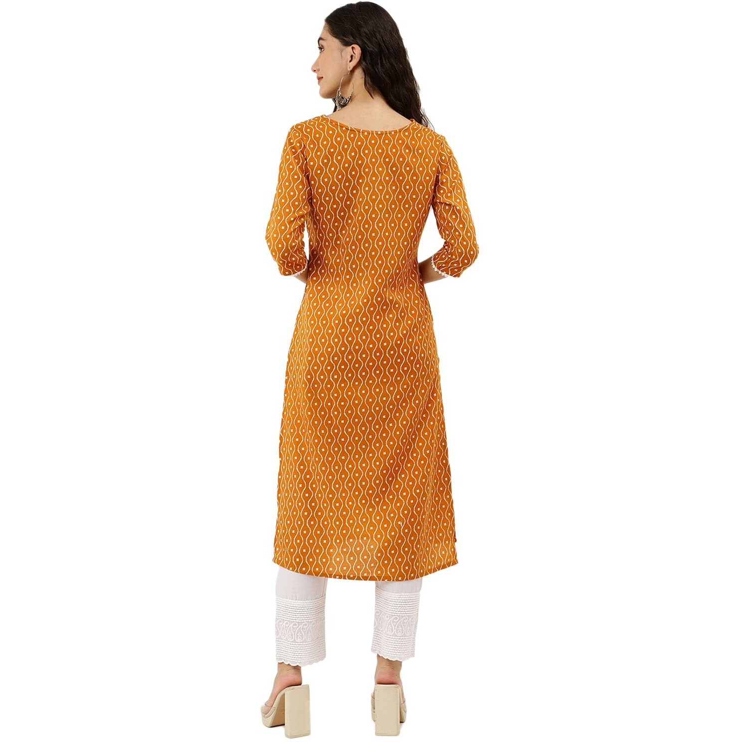 NAINVISH Women's Cotton Blend Straight V-Neck Printed Kurta (SD351_K-L_Yellow)