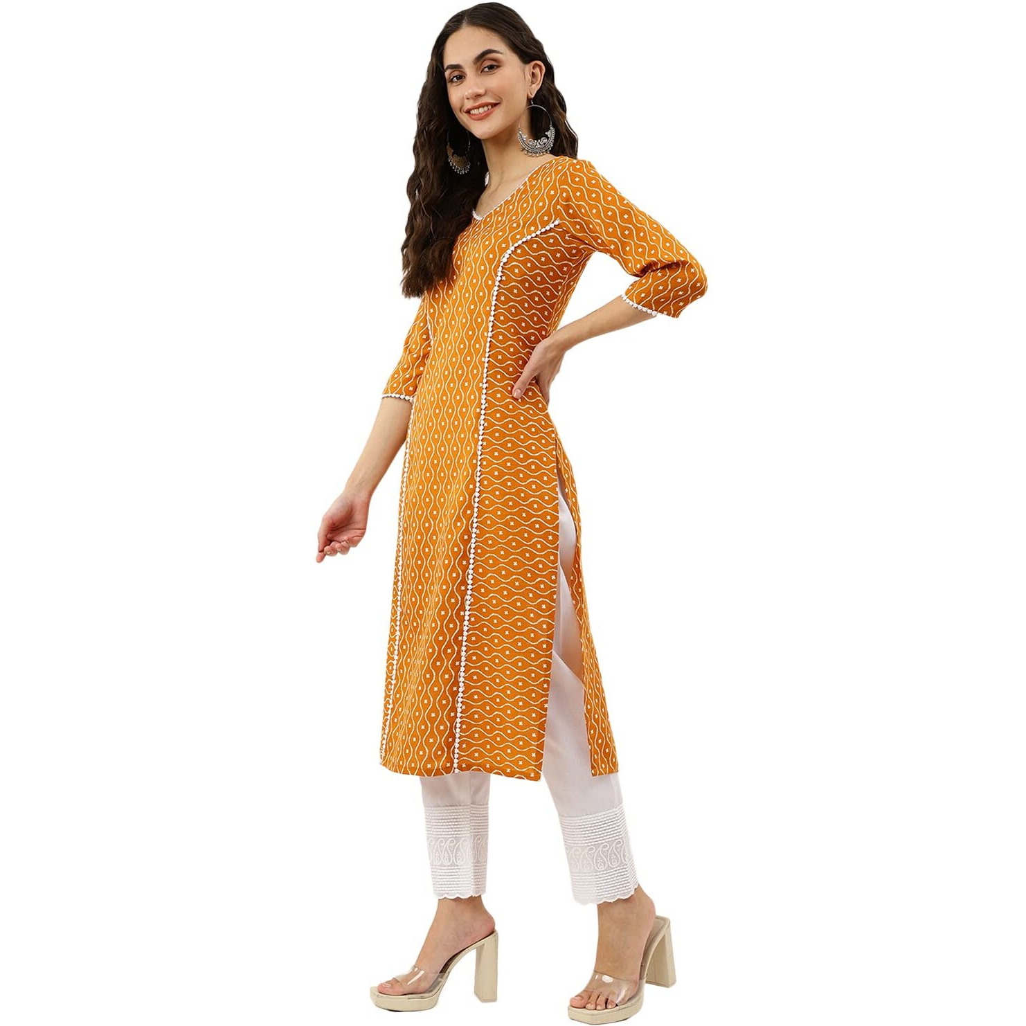 NAINVISH Women's Cotton Blend Straight V-Neck Printed Kurta (SD351_K-L_Yellow)