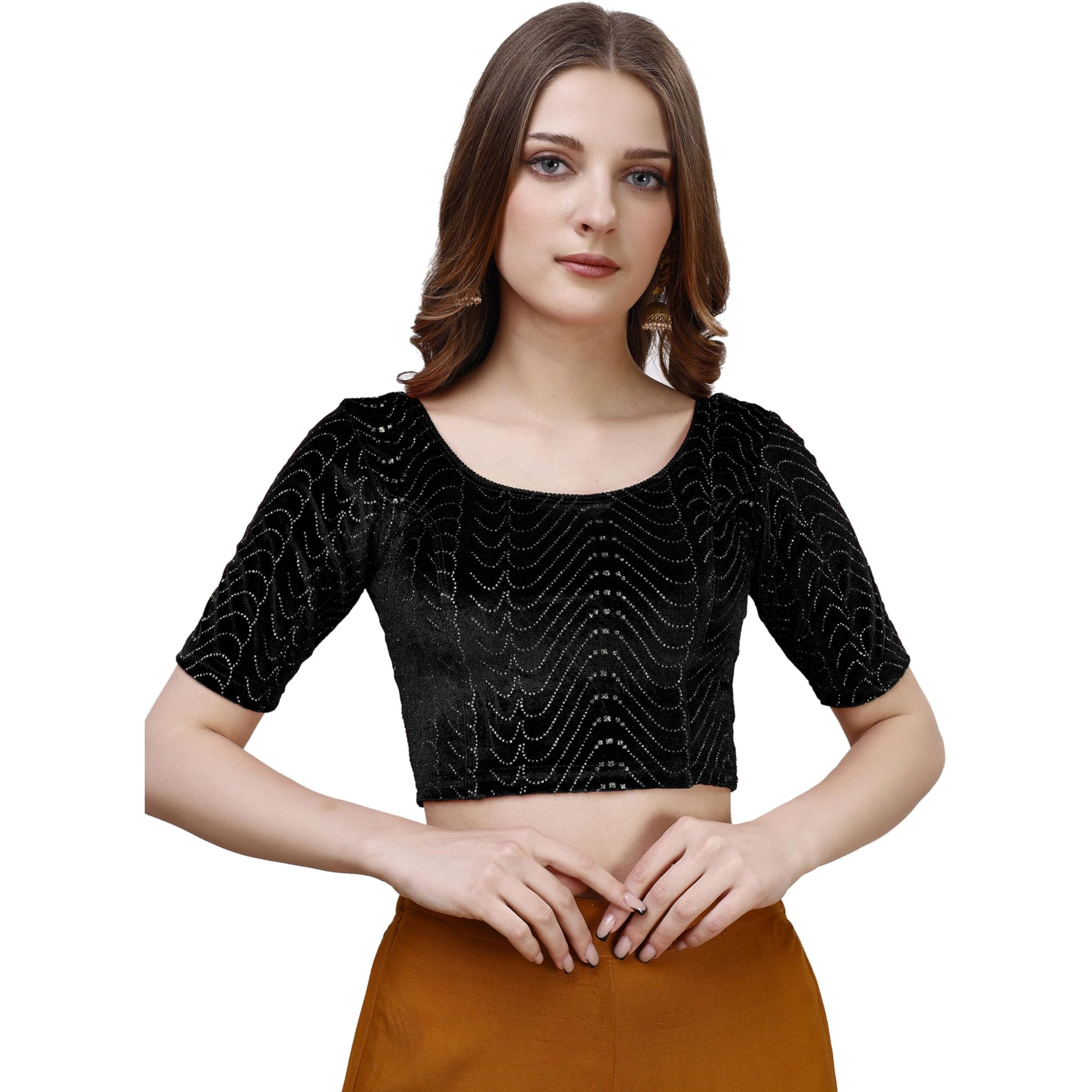 Pujia Mills Women's Readymade Hosiery Velvet Lycra Stretchable Round Neck Half Sleeve Blouse with jari Work Fancy Black Color Lycra Stretchable Blouse for Women Readymade Saree Blouse