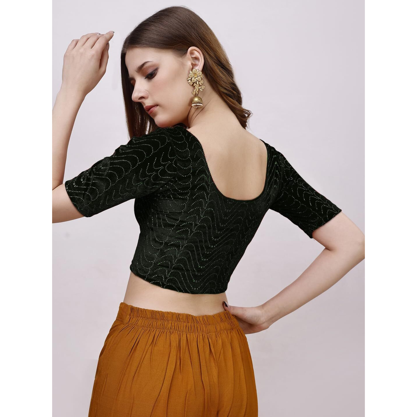 Pujia Mills Women's Readymade Hosiery Velvet Lycra Stretchable Round Neck Half Sleeve Blouse with jari Work Fancy Black Color Lycra Stretchable Blouse for Women Readymade Saree Blouse