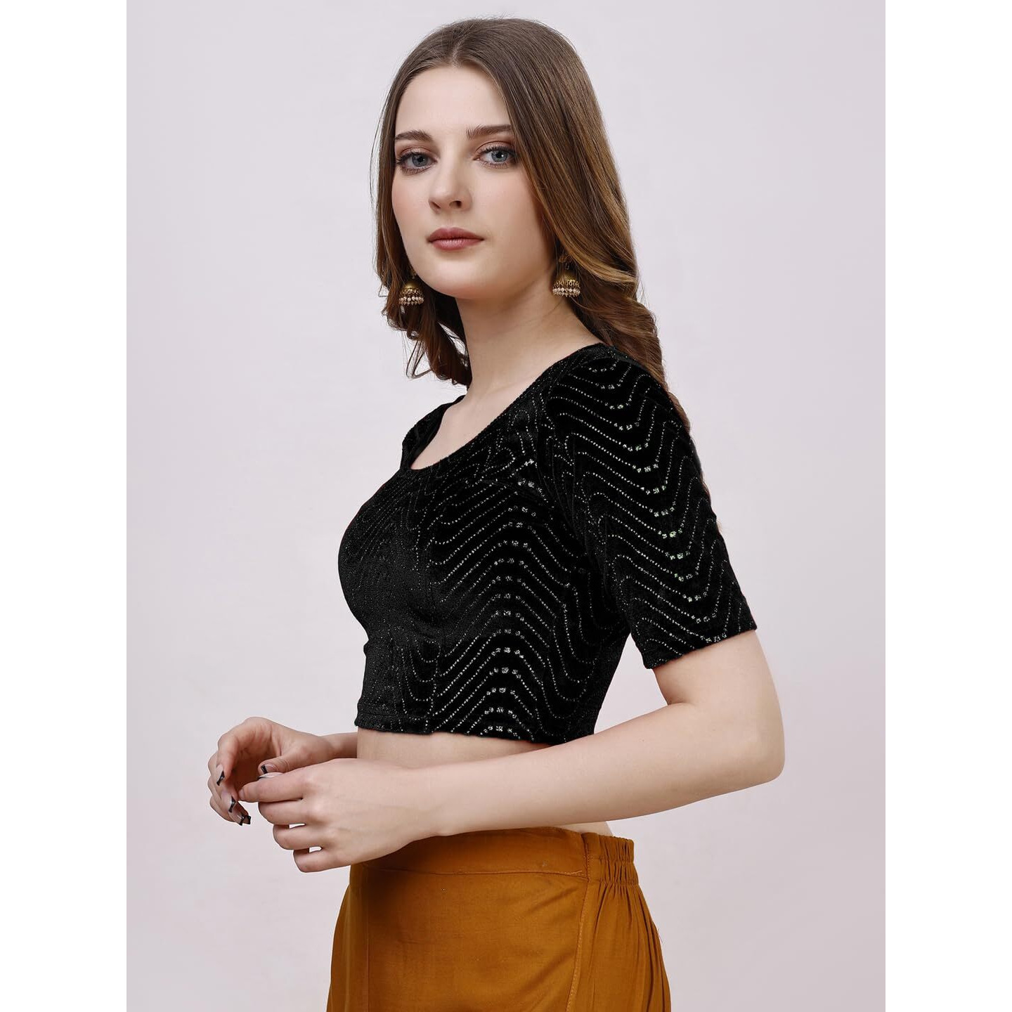Pujia Mills Women's Readymade Hosiery Velvet Lycra Stretchable Round Neck Half Sleeve Blouse with jari Work Fancy Black Color Lycra Stretchable Blouse for Women Readymade Saree Blouse