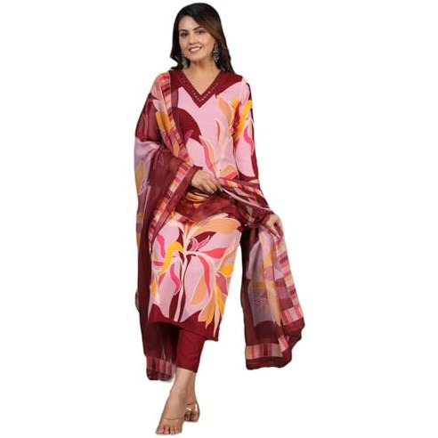 ANNI DESIGNER Women's Rayon Blend Printed Straight Kurta with Pant & Dupatta (KHISSU Maroon_XXL_Maroon_XX-Large)