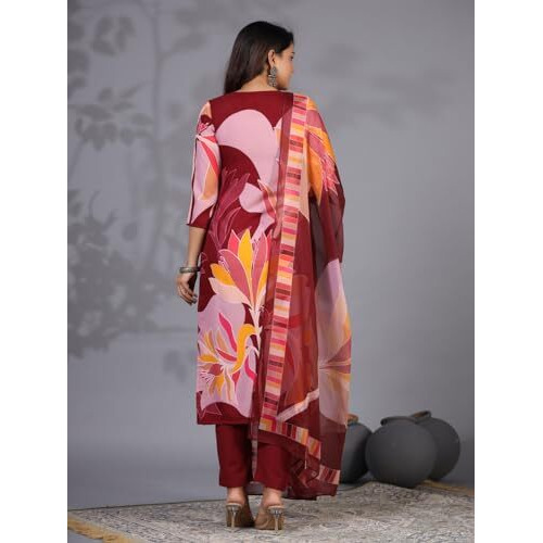 ANNI DESIGNER Women's Rayon Blend Printed Straight Kurta with Pant & Dupatta (KHISSU Maroon_XXL_Maroon_XX-Large)